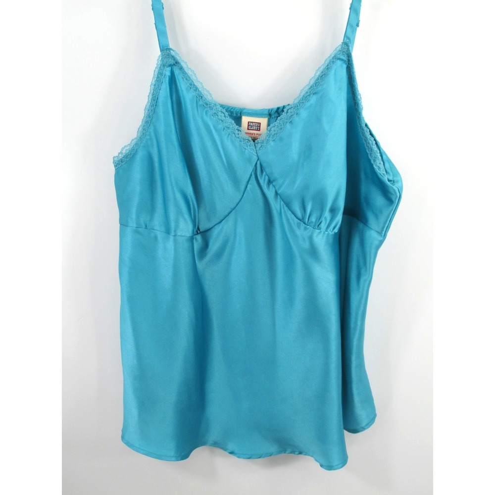 Faded Glory Blue Satin Cami Baby Doll Top Lace Trim Plus 18W 20W Y2K Vintage